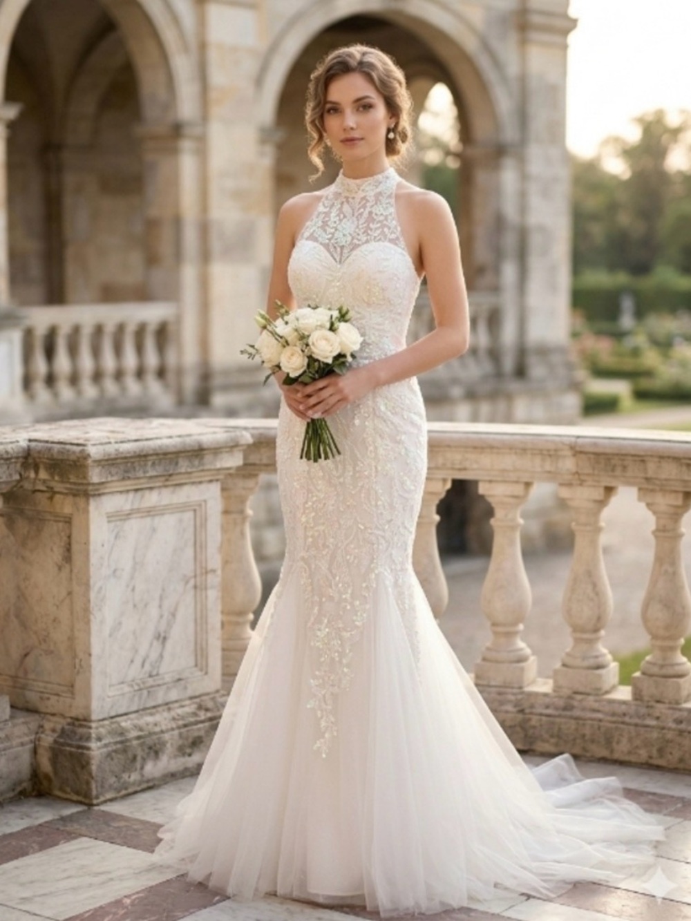 Sherri Hill Ivory Lace High-Neck Mermaid Wedding/Prom Gown